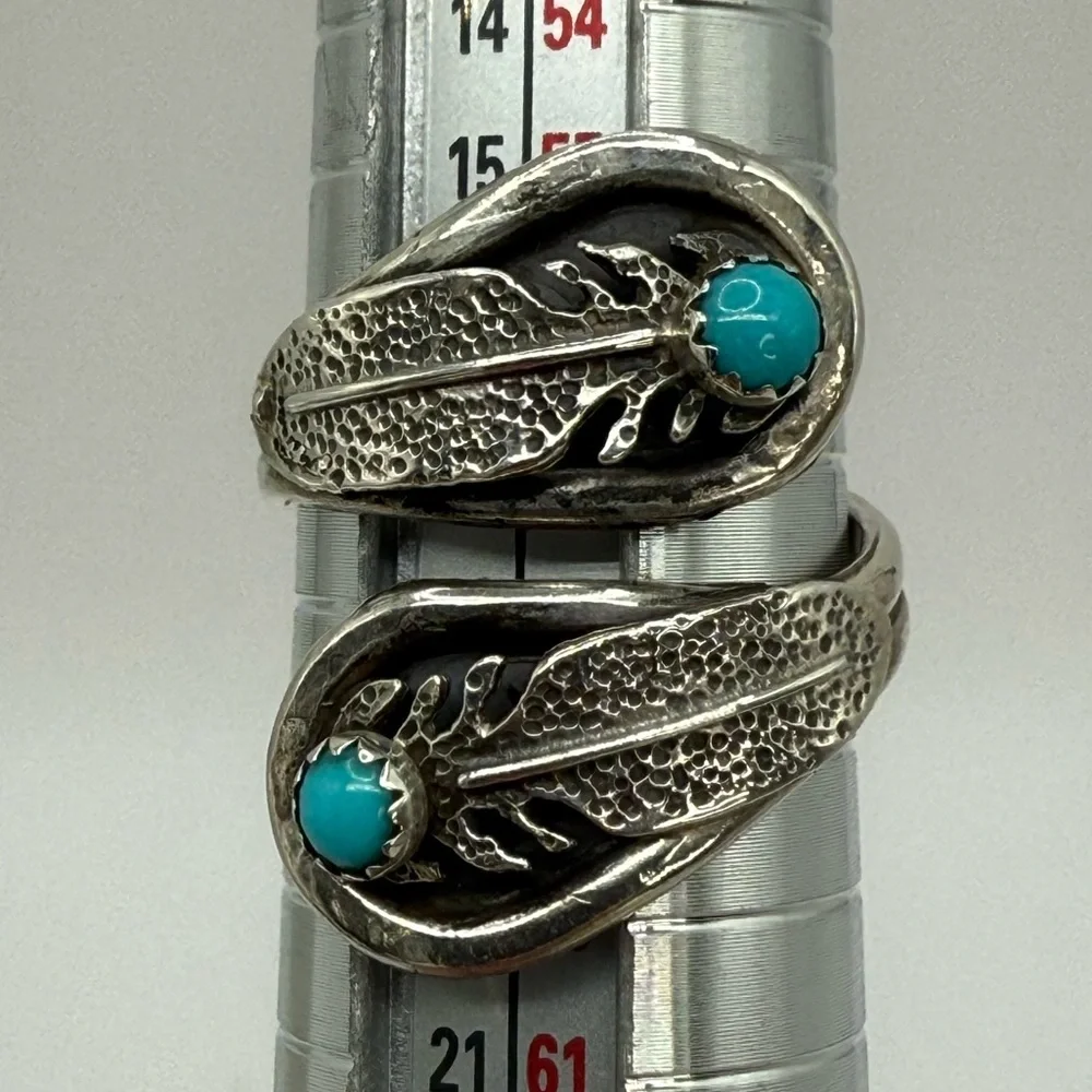 Navajo Sterling Silver Feather Wrap Ring by Etta Berim Twin Turquoise Cabochons